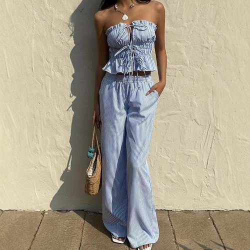 Striped pleated strapless pants set条纹褶皱抹胸长裤套装女
