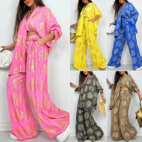 翻领印花衬衫阔腿裤套装Collar print shirt wide leg pants set