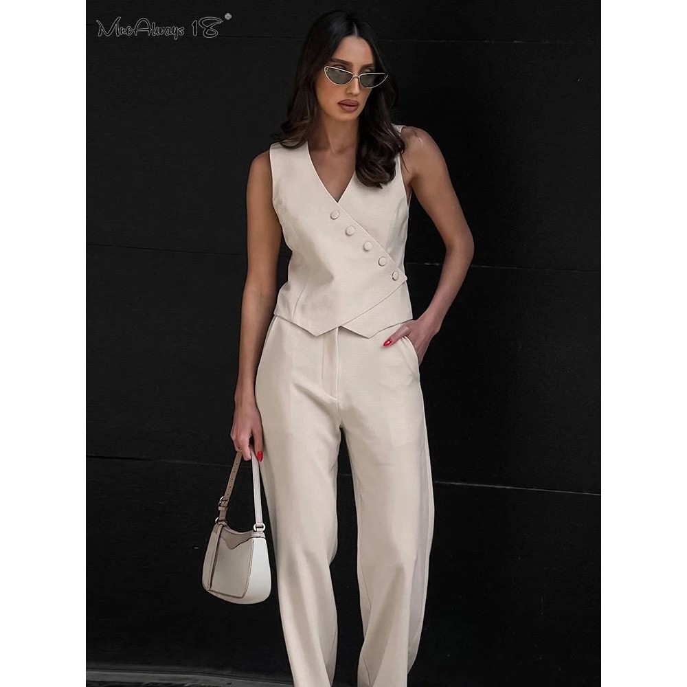V-neck vest wide leg pants two-piece setV领马甲阔腿裤两件套