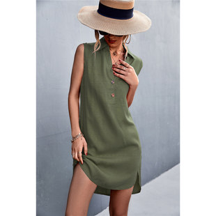开叉连衣短裙V slit neck sleeveless skirt button V领纽扣无袖