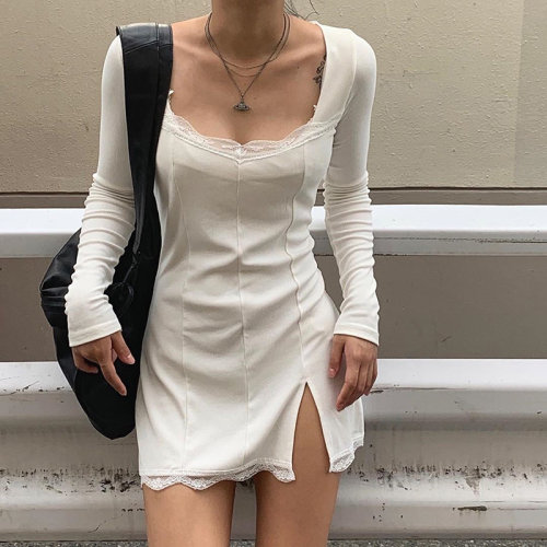 Long sleeved lace lace slit dress 性感长袖蕾丝花边开叉连衣裙