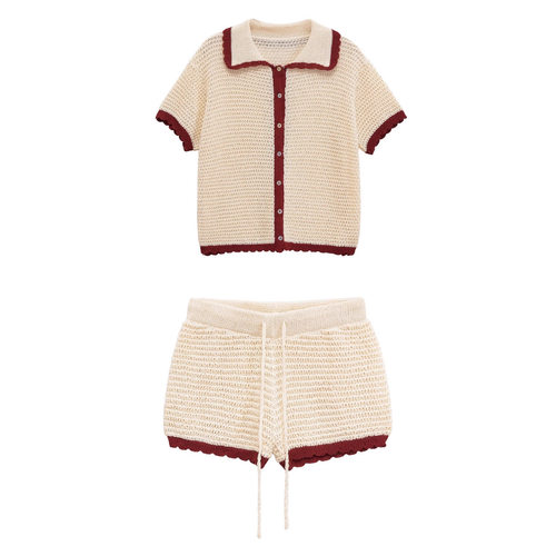 Knitted collar top and shorts set 休闲针织翻领上衣短裤套装
