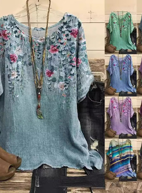 Printed round neck casual loose top 印花圆领休闲宽松上衣女