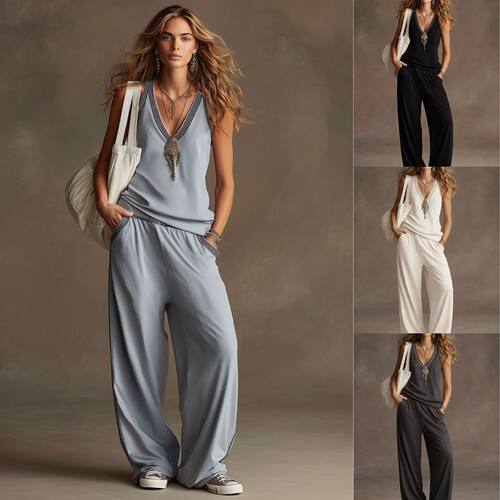 V领背心宽松阔腿裤套装V-neck vest loose wide leg pants set
