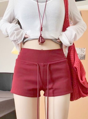 红色超短裤灰色运动短裤辣妹热裤抽绳休闲裤女士夏季低腰直筒裤显