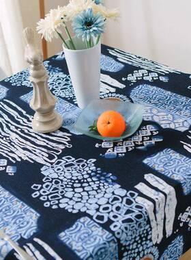 中国风蓝色印花棉麻台布覆古民族风格新台蓝白布咖啡形桌矩台XRT