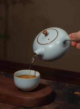 汝窑边柄壶壶原矿冰裂釉制陶瓷景德OBX茶壶镇家用简易青单瓷唐羽