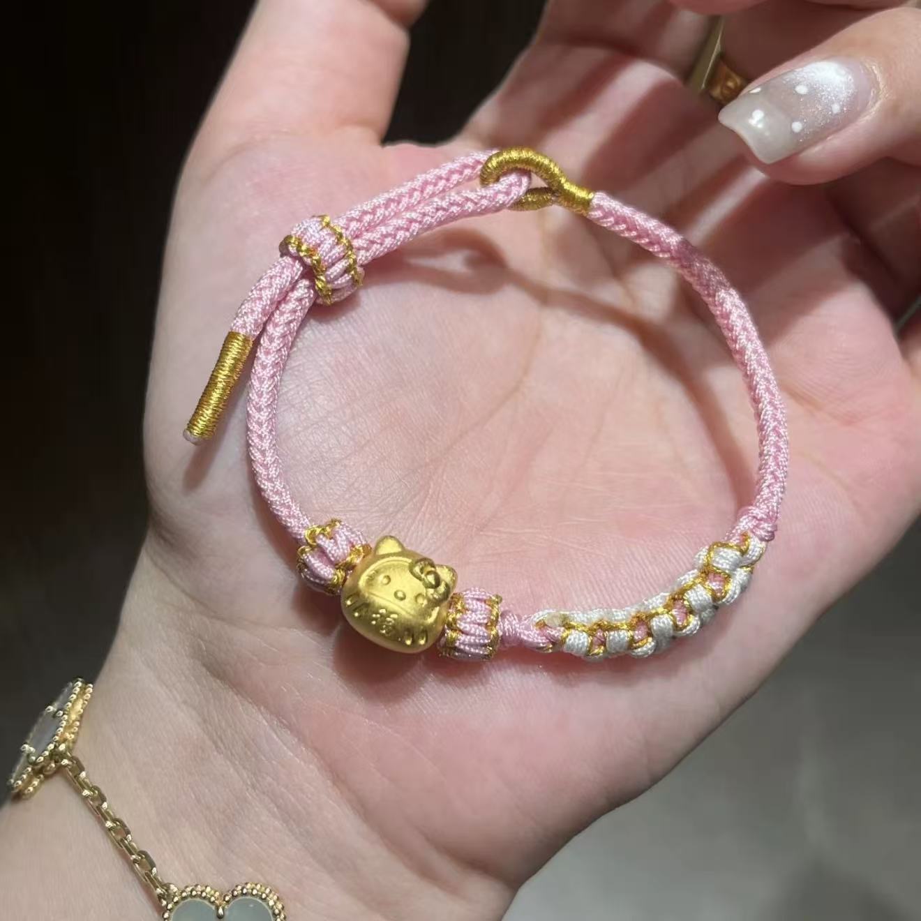 足金999达摩KT猫黄金hello kitty蝴蝶结凯蒂猫手链手串送礼女友