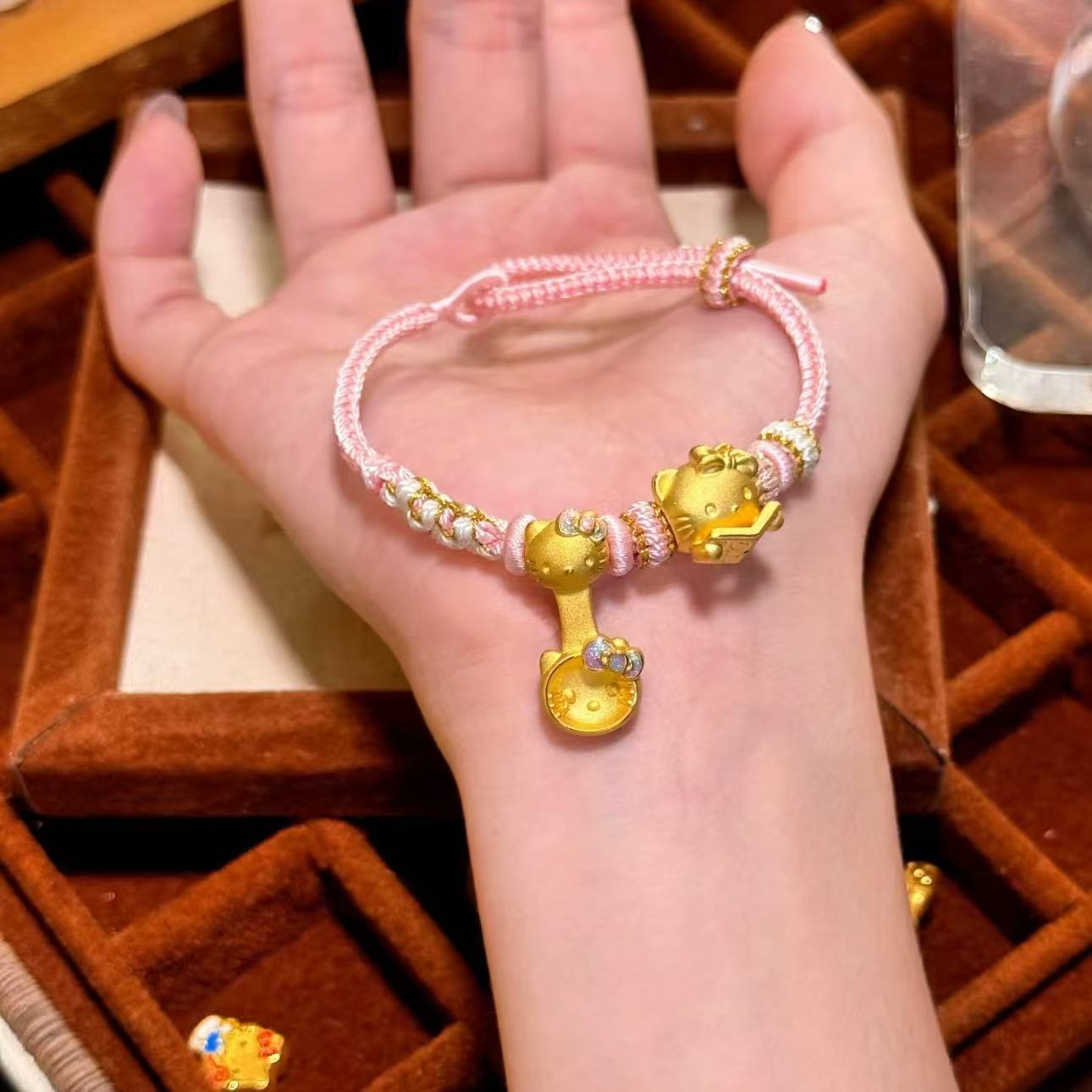 足金999hello kitty凯蒂猫勺子黄金美乐蒂手链送女友礼