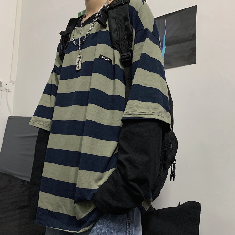 Harajuku style Korean Vintage stripe fake two loose bottomed long sleeve t-shirts for men and women
