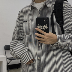 Original spring Korean versatile Vintage stripe embroidery small label loose long sleeve shirt for men and women