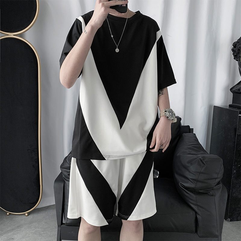 Hong Kong style retro fashion brand short sleeve sports color matching suit summer hip hop loose shorts wide leg pants