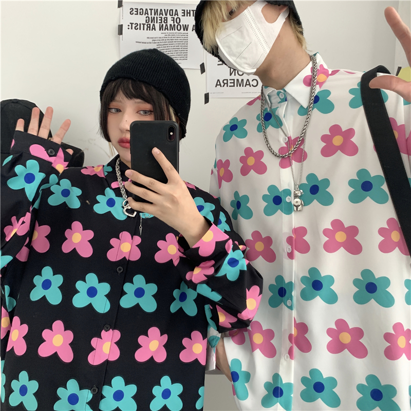 韓國嘻哈彩色菊花滿印原宿風寬鬆情侶百搭襯衣中性風