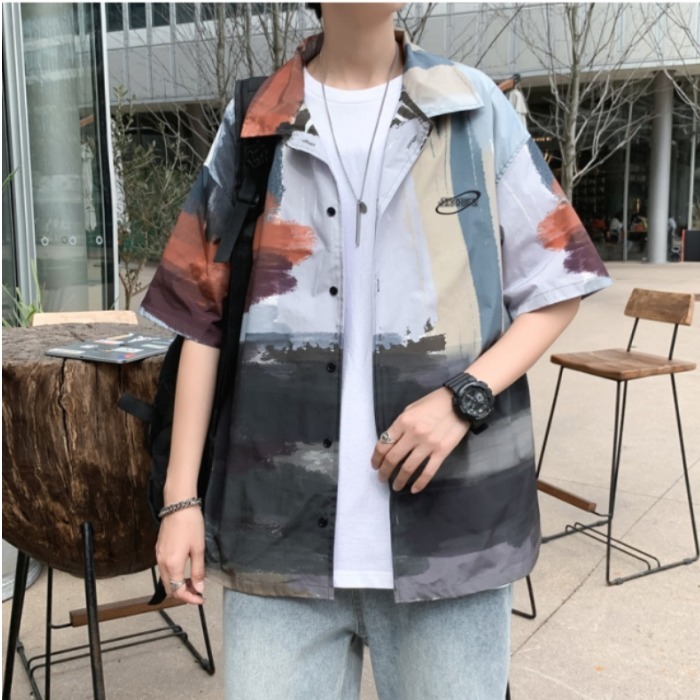 Harajuku style lazy short sleeve shirt summer loose half sleeve trend casual graffiti Decor top