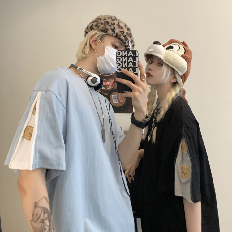 Bear short sleeve t-shirt men's and women's flocking embroidery trend loose half sleeve side zipper top