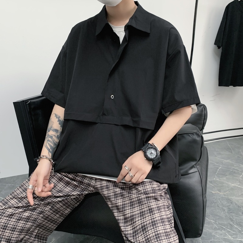 Ice silk shirt Hong Kong style retro stand collar shirt men's fashion design sense Pullover short sleeve top