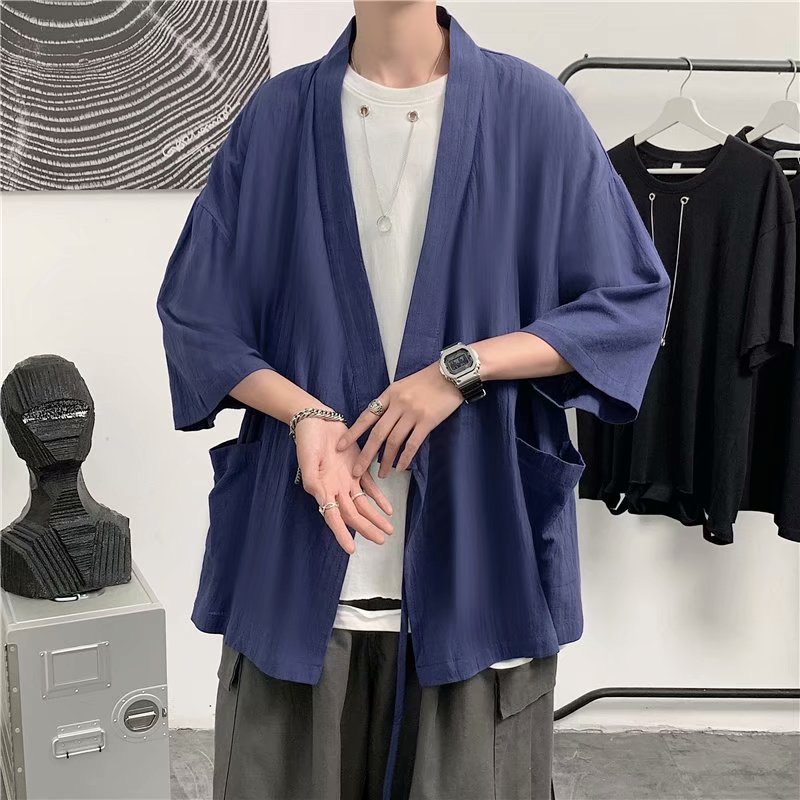 Japanese retro cardigan cotton and hemp Daopao Buddhist casual loose shirt Hong Kong Style off shoulder coat