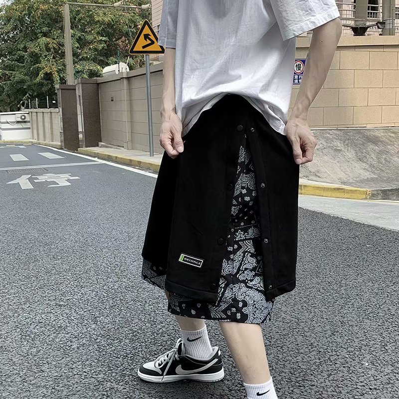 排扣短褲國潮嘻哈腰果花拼接寬鬆潮牌假兩件五分中褲子