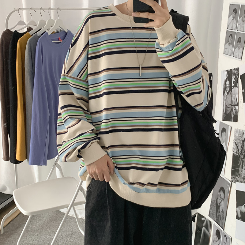 春秋款港風條紋寬鬆打底衫韓版潮流百搭上衣服長袖恤