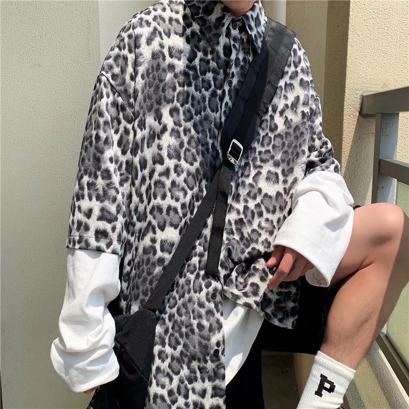 Bing Si PI Shuai leopard print short sleeve shirt men's summer trend loose style high street half sleeve shirt