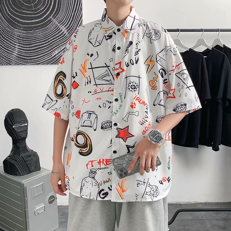 Shirt men's short sleeve, Hong Kong style, relaxed and elegant, summer flower shirt, student's half sleeve, 5 points