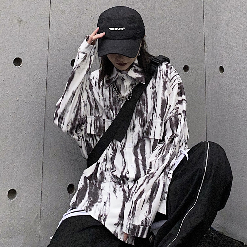 Retro men's and women's shirt long sleeve trend ink tie dyed shirt tooling coat loose