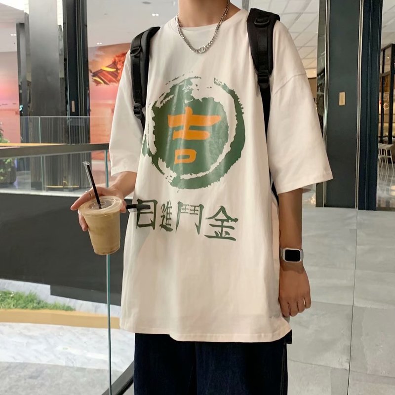 Summer new ins cotton simple printing loose Hong Kong Style versatile top half sleeve fashion brand