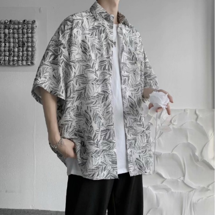 Retro floral shirt Hong Kong Style Japanese 5-sleeve shirt Korean style short sleeve shirt