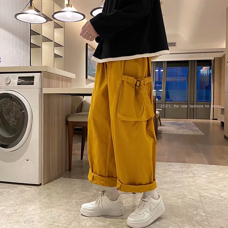 Slouchy wide legged pants Harajuku retro big pocket tooling Capris trend bucket pants trend