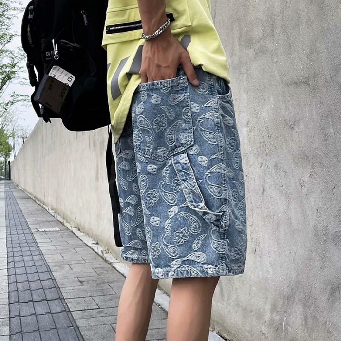 Fashion brand denim shorts Hong Kong style summer thin style loose personality cashew fashion Capris