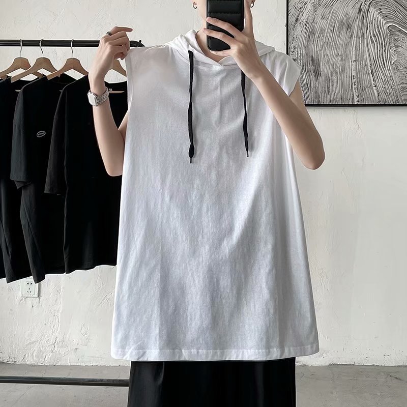 Hooded sleeveless top summer Hong Kong fashion brand ruffian campers trend solid color loose T-shirt