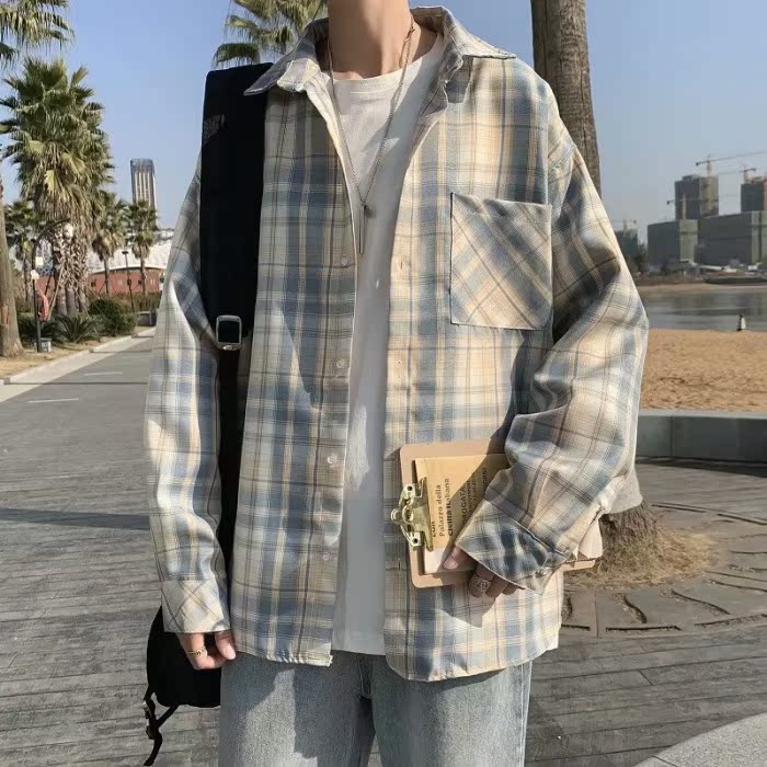 Shirt long sleeve Hong Kong Style Japanese Plaid Shirt Korean handsome student trend coat