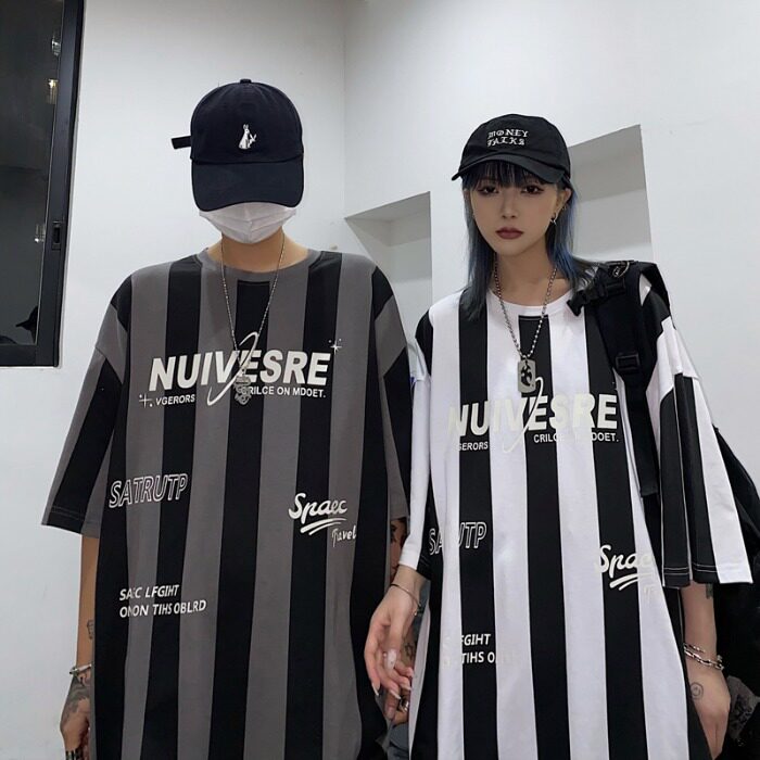 原創新款韓國ins原宿豎條紋字母印花寬鬆短袖t恤男女潮