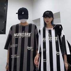 原創新款韓國ins原宿豎條紋字母印花寬鬆短袖t恤男女潮