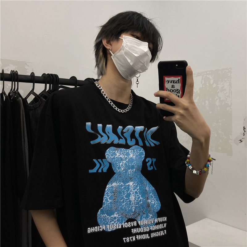 原宿風 ins百搭個性藍色裂紋熊印花潮流寬鬆短袖T恤 潮