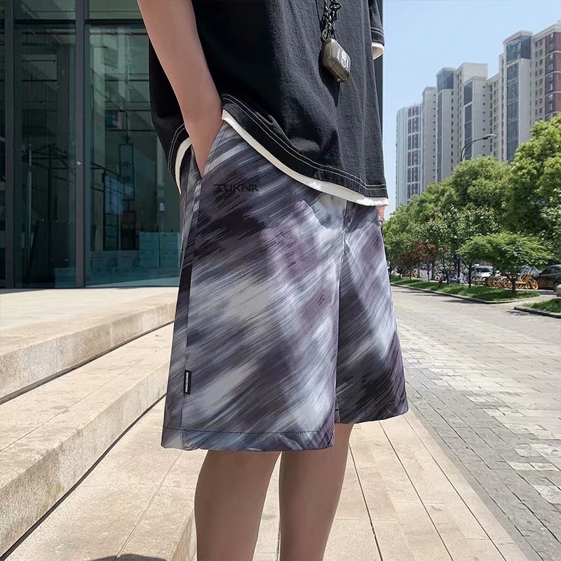 Harajuku tie dyed shorts men's trend versatile loose Hong Kong style summer thin pants