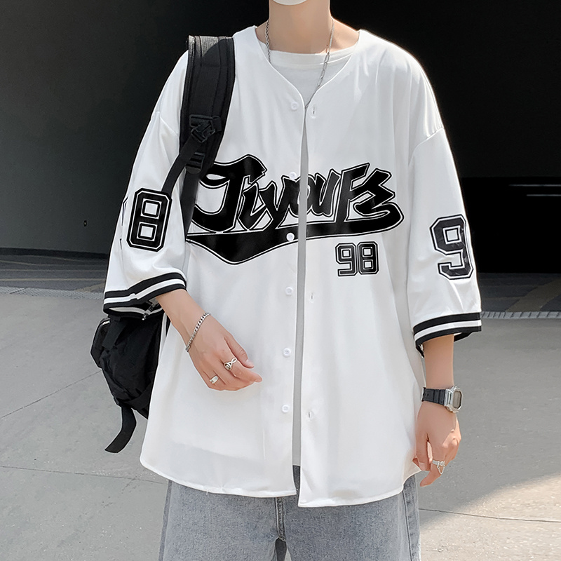 Summer retro baseball cardigan short sleeve T-shirt Japanese loose Embroidered Shirt Top