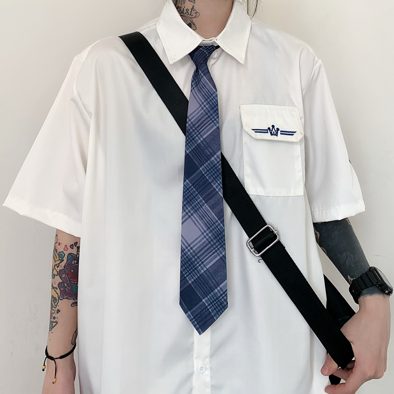 韓國男女襯衫短袖寬鬆刺繡制服學院情侶襯衣配領帶