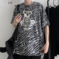 Original new Korean retro full print zebra bear print short sleeve T-shirt