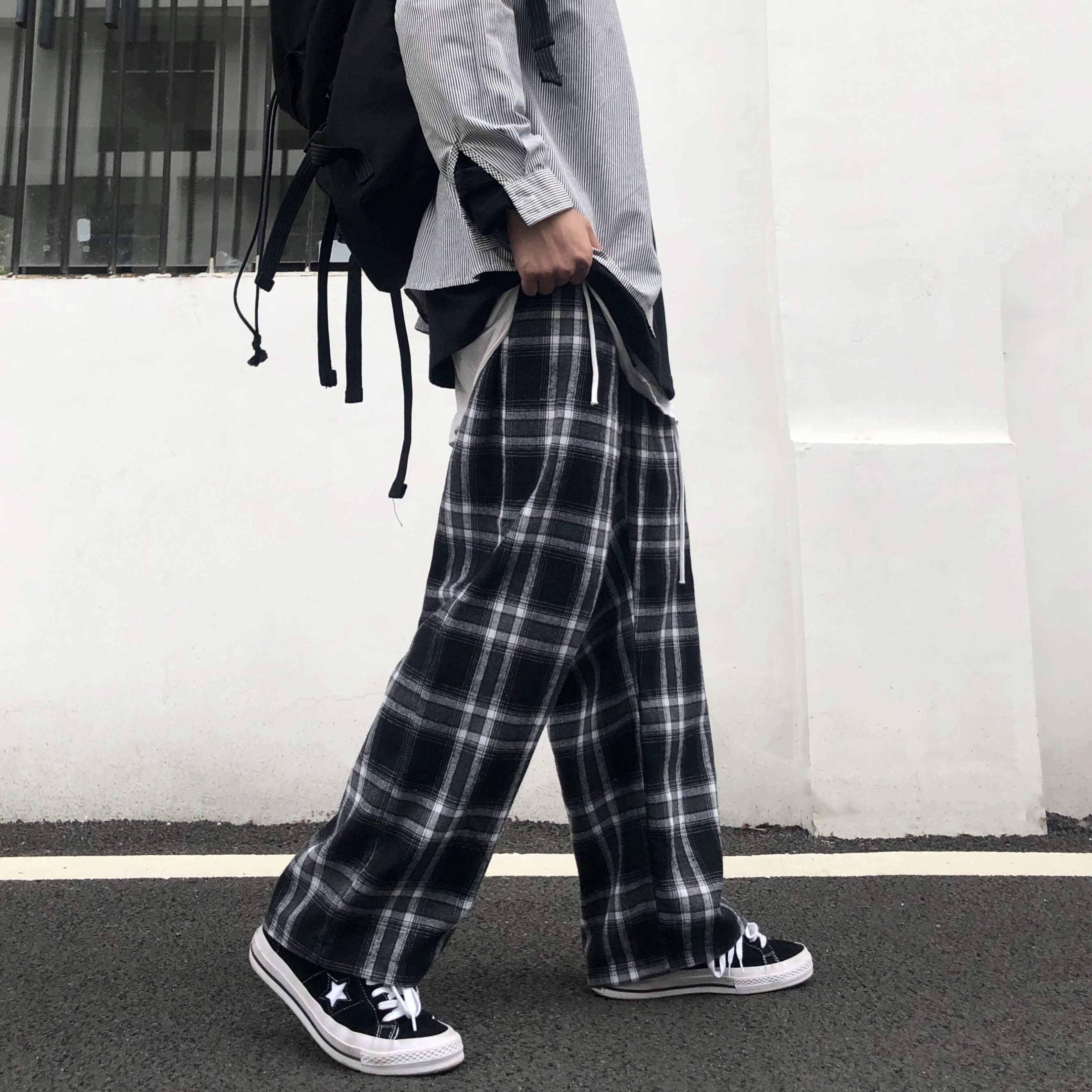 秋季新款ins闊腿褲高腰休閒拖地褲黑白格子時尚男女長褲A