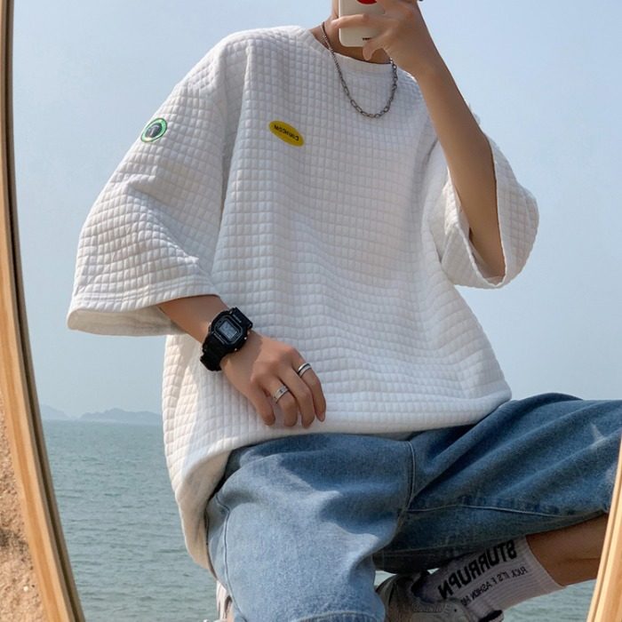 Men's short sleeve relaxed new trend versatile T-shirt Hong Kong style simple waffle