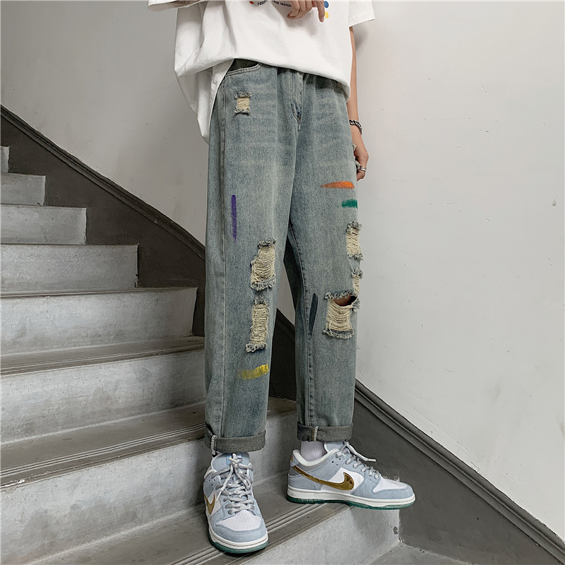 High street ripped jeans men's and women's fashion summer Capris straight tube loose wide leg daddy pants
