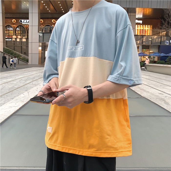 Hong Kong Style splicing short sleeve T-shirt Korean ins trend half sleeve T-shirt Japanese loose round neck top
