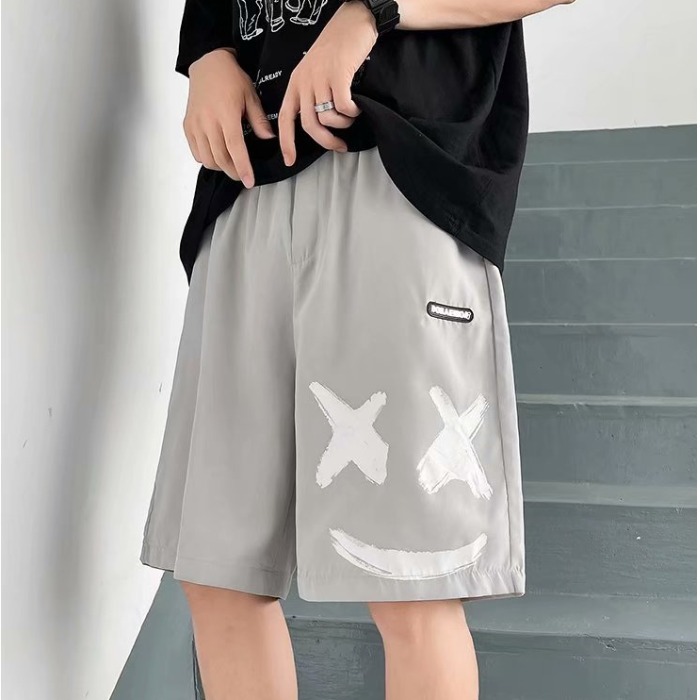 Smiley face sports casual shorts summer thin loose outer wear pants trend beach Capris
