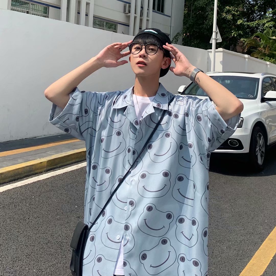 2021印花襯衫男 夏季港風寬鬆短袖