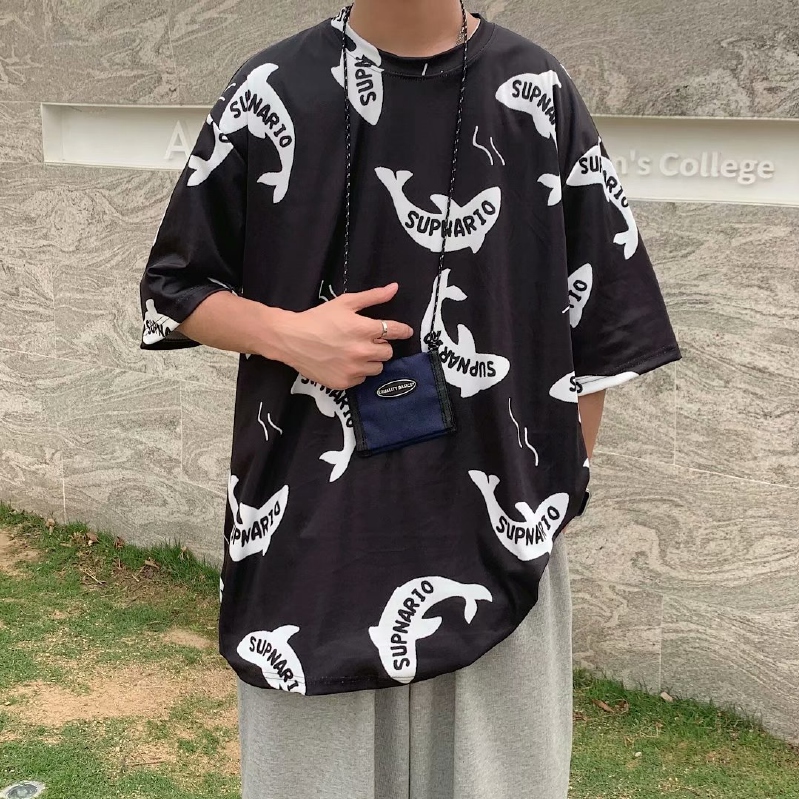 港風ins潮牌滿身印花短袖男原宿圓領半袖五分袖寬鬆T恤