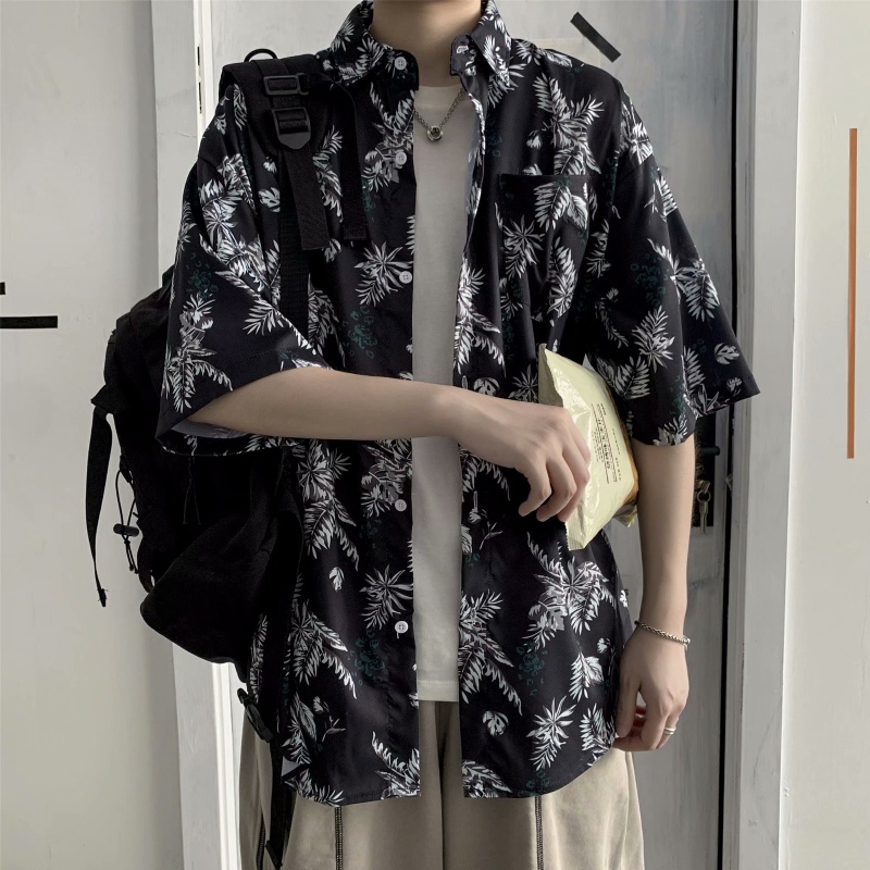 日系潮牌暗黑系嘻哈襯衫男女情侶裝夏威夷寬鬆痞帥襯衣