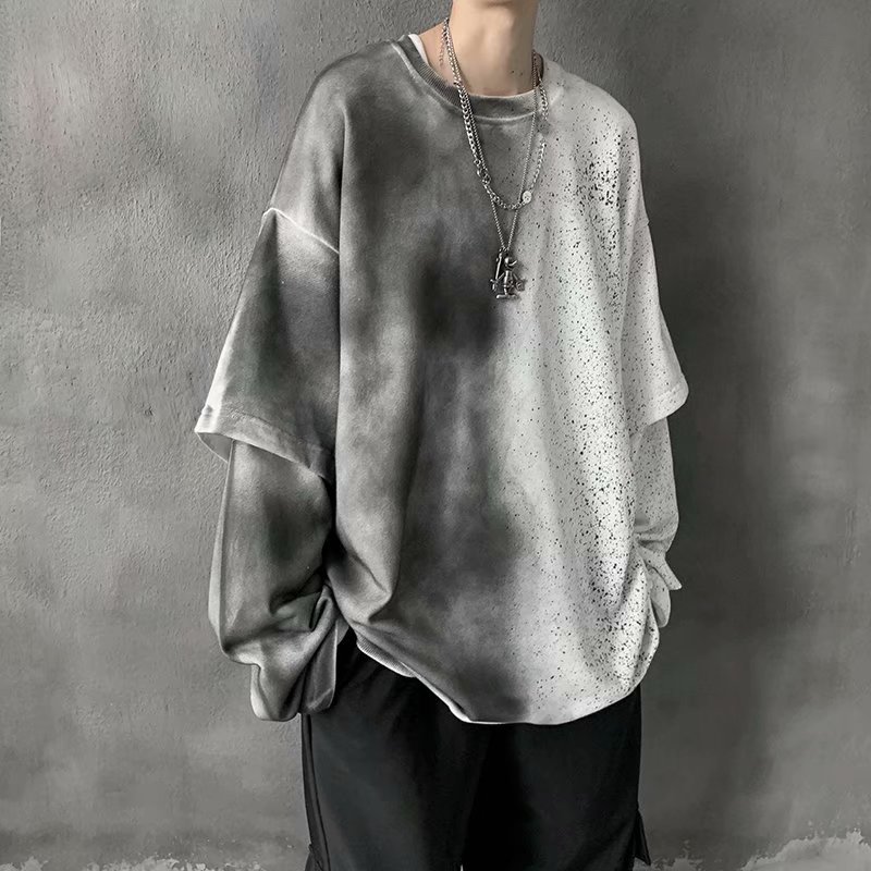 Gaojie retro tie dyeing and ink splashing fake two pieces of design sense ruffian handsome top