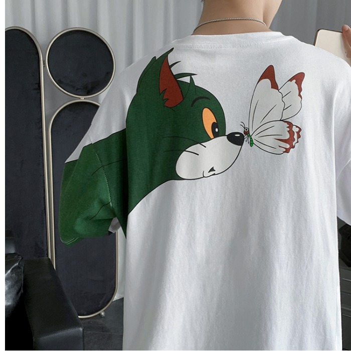 New fashion brand short sleeve cartoon butterfly cat's eye print T-shirt Hong Kong Style loose versatile 5-sleeve