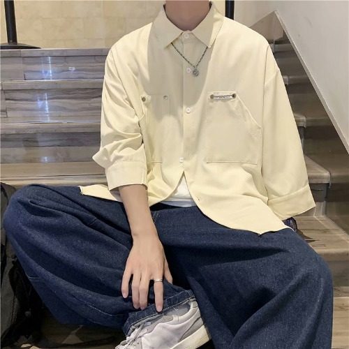 夏季韓版潮流寬鬆港風休閒七分袖帥氣中袖繡標口袋襯衣